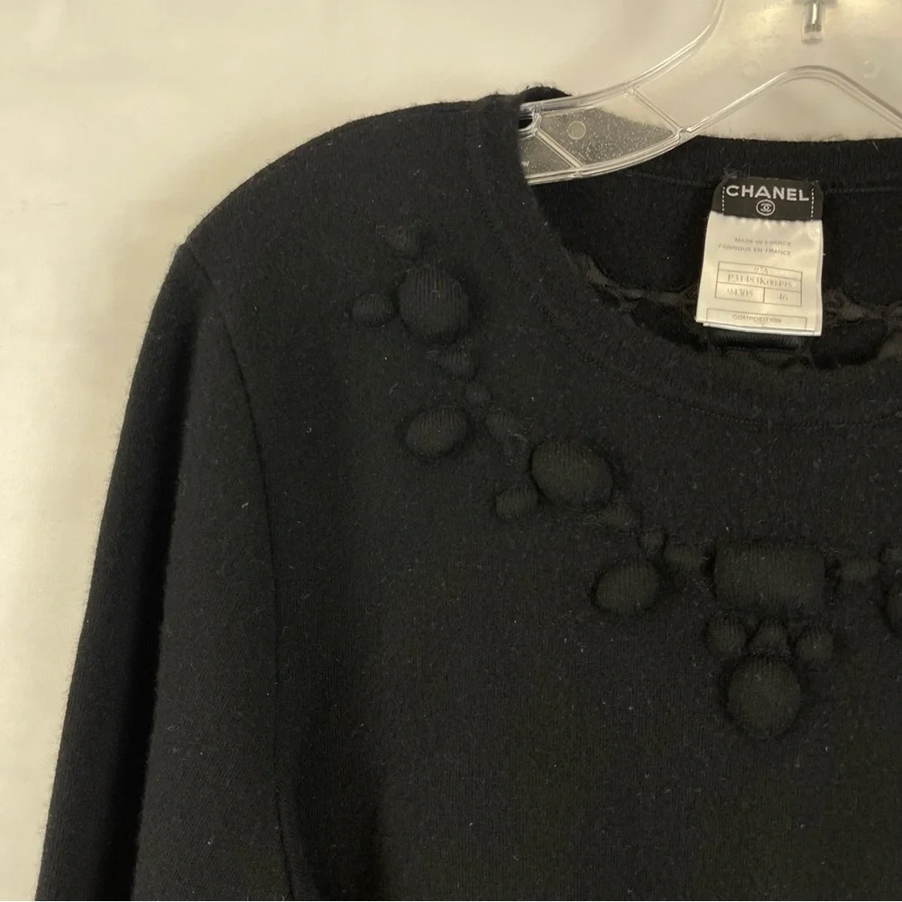 CHANEL Black Wool Sweater CC Button Pom Pom Bobble‎ Embellished Size 46 Vintage